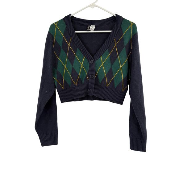 2/$30 DIVIDED by H&M Cardigan Size S Navy Blue Cropped Plaid Green - Picture 4 of 8